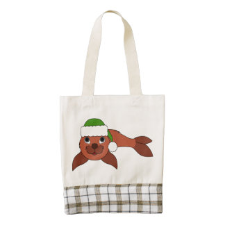 Red Baby Seal with Christmas Green Santa Hat Zazzle HEART Tote Bag