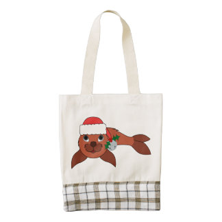 Red Baby Seal with Santa Hat & Silver Bell Zazzle HEART Tote Bag