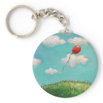 Red Balloon - blue sky beautiful day art Keychain