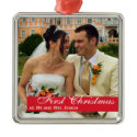 Red band couple first Christmas square photo ornament
