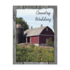 postcard - Announce your country or farm wedding to friends and family with this Red Barn Country Wedding Save the Date Announcement postcard. Customize it with the personal names of the bride and groom and specific wedding date. Image is a rural farm photograph of a perfect red barn and silo that has been digitally enhanced with a barn wood background.