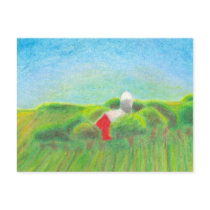 Red barn farm art colorful original crayon drawing postcard