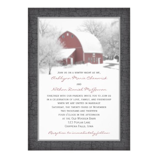 Red Barn in Winter Wedding Invitation 2