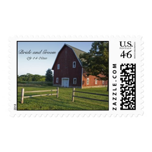 Red Barn with Fence Country Wedding Postage Stamp stamp