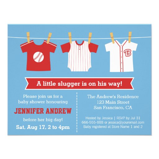 Red Baseball baby boy shower party invitation (front side)