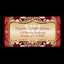 Red Batik Monogram Wedding Address Labels labels