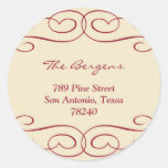 Red beige flourish Christmas holiday address label Round Sticker