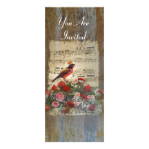 Red bird collage on a vintage music sheet custom invitation