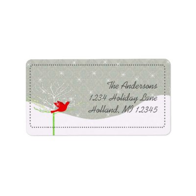 Red Bird Snow Stars Gray Damask Return Address Personalized Address Label