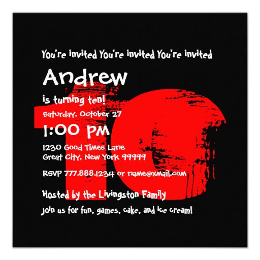RED BLACK 10th Birthday Party 10 Year Old V01 Personalized Announcements