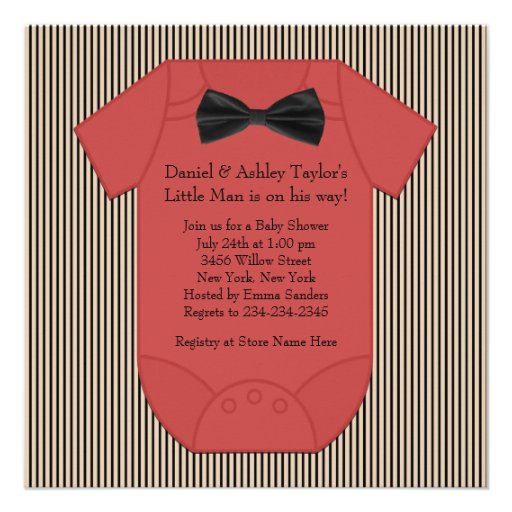 Red Black and Brown Pinstripe Baby Boy Shower Invites