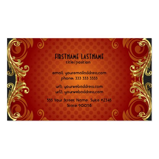Red Black And Gold Swirls Business Card Template (back side)