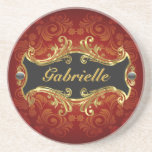 Red Black And Gold Tones Vintage Swirls 2-Monogram Drink Coaster