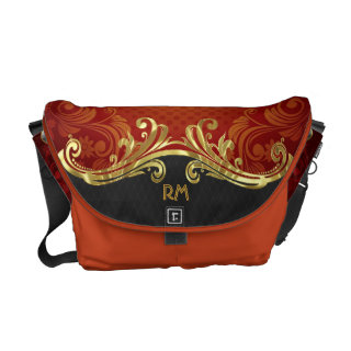 Red Black And Gold Tones Vintage Swirls-Monogram Courier Bag