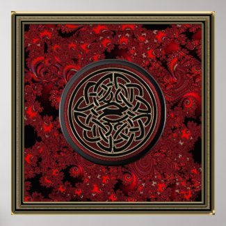 Red Black and Metallic Gold Celtic Knot on Fractal Poster