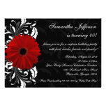 Red, Black and White Gerbera Daisy 40th Birthday invitations