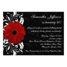 Red, Black and White Gerbera Daisy 40th Birthday Invitation