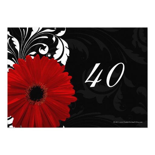 Red, Black and White Gerbera Daisy 40th Birthday Invitation