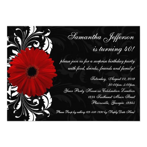 Red, Black and White Gerbera Daisy 40th Birthday Invitation (front side)