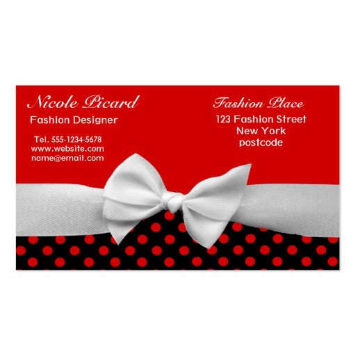 Red Black and white ribbon and polka dots Business Cards (back side)