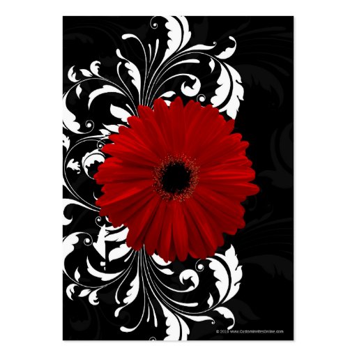 Red, Black and White Scroll Gerbera Daisy Business Card Templates (back side)