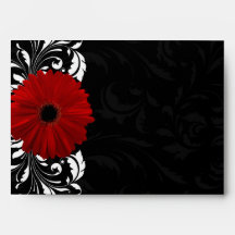 Red, Black and White Scroll Gerbera Daisy Envelope