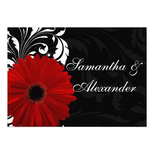Red, Black and White Scroll Gerbera Daisy Custom Invitation