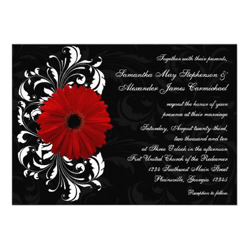 Red, Black and White Scroll Gerbera Daisy Custom Invitation