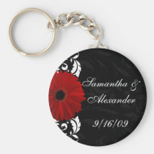 Red, Black and White Scroll Gerbera Daisy Key Chain