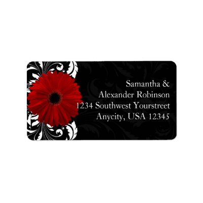 Red, Black and White Scroll Gerbera Daisy Personalized Address Label