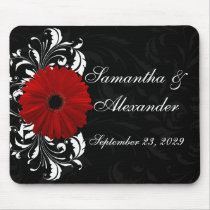 Red, Black and White Scroll Gerbera Daisy Mouse Pads