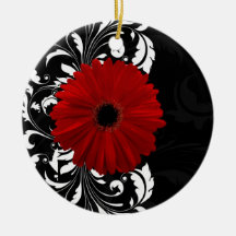 Red, Black and White Scroll Gerbera Daisy Christmas Tree Ornament