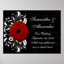 Red, Black and White Scroll Gerbera Daisy Posters