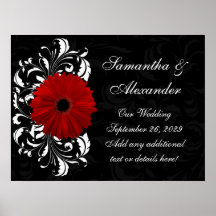 Red, Black and White Scroll Gerbera Daisy Posters