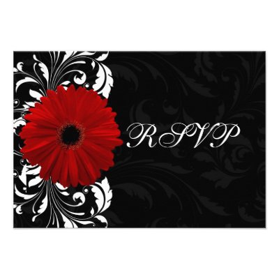Red, Black and White Scroll Gerbera Daisy RSVP Custom Invites