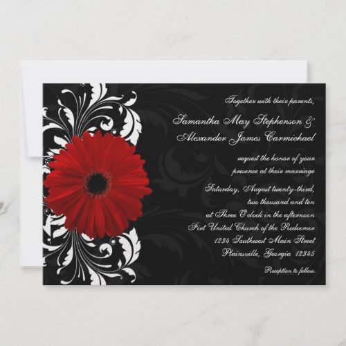  invitation Red Black and White Scroll Gerbera Daisy Wedding invitation