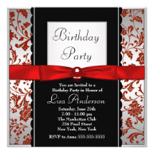 Red & Black Bow Tie Damask Birthday Party Personalized Announcement