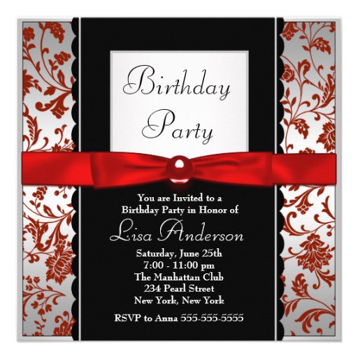 Red & Black Bow Tie Damask Birthday Party Personalized Announcement