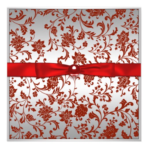 Red & Black Bow Tie Damask Birthday Party Personalized Announcement