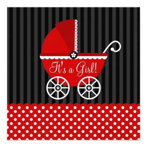 Red Black Carriage Dots Girl Baby Shower Custom Invite