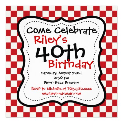 Red Black Checkered 40th Birthday Party Invitation