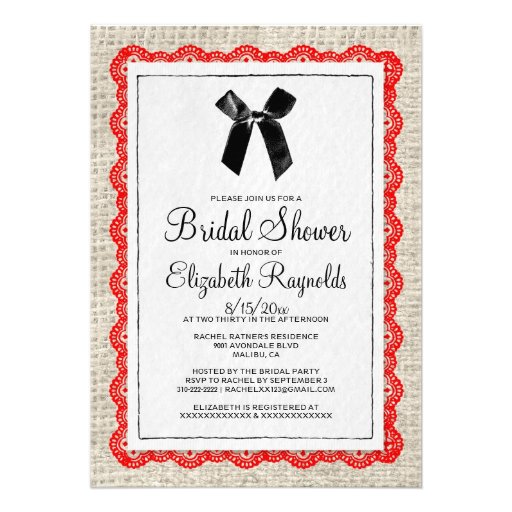 Red Black Country Burlap Bridal Shower Invitations