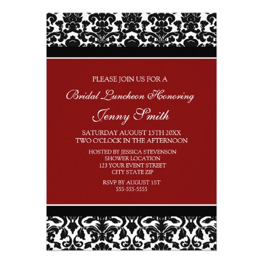 Red Black Damask Bridal Lunch Invitation Cards