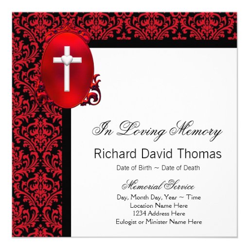Red Black Damask Cross In Loving Memory Memorial Personalized Invites