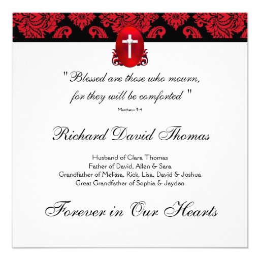 Red Black Damask Cross In Loving Memory Memorial Personalized Invites