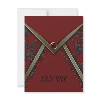 Red Black Damask Gold Trim RSVP Card invitation