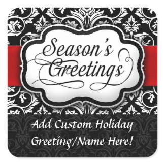 Red/Black Damask Holiday Square Stickers