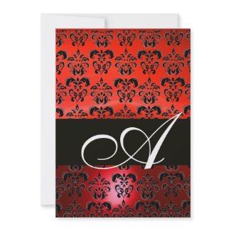 RED BLACK DAMASK MONOGRAM ,bright white invitation
