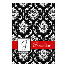 Red Black Damask Monogram Reception Card Invite