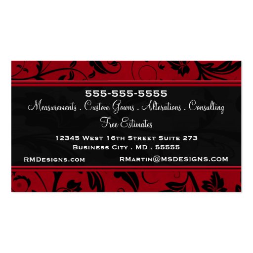 Red / Black Damask Monogrammed Business Card Templates (back side)